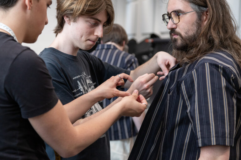 The Pinguini Tattici Nucleari band member Nicola Buttafuoco during the fitting with the Polimoda students, photo by Patrizio Marcocci
