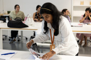 Master in Bag Design student presenting her creations in front of Roger Vivier's professionals.