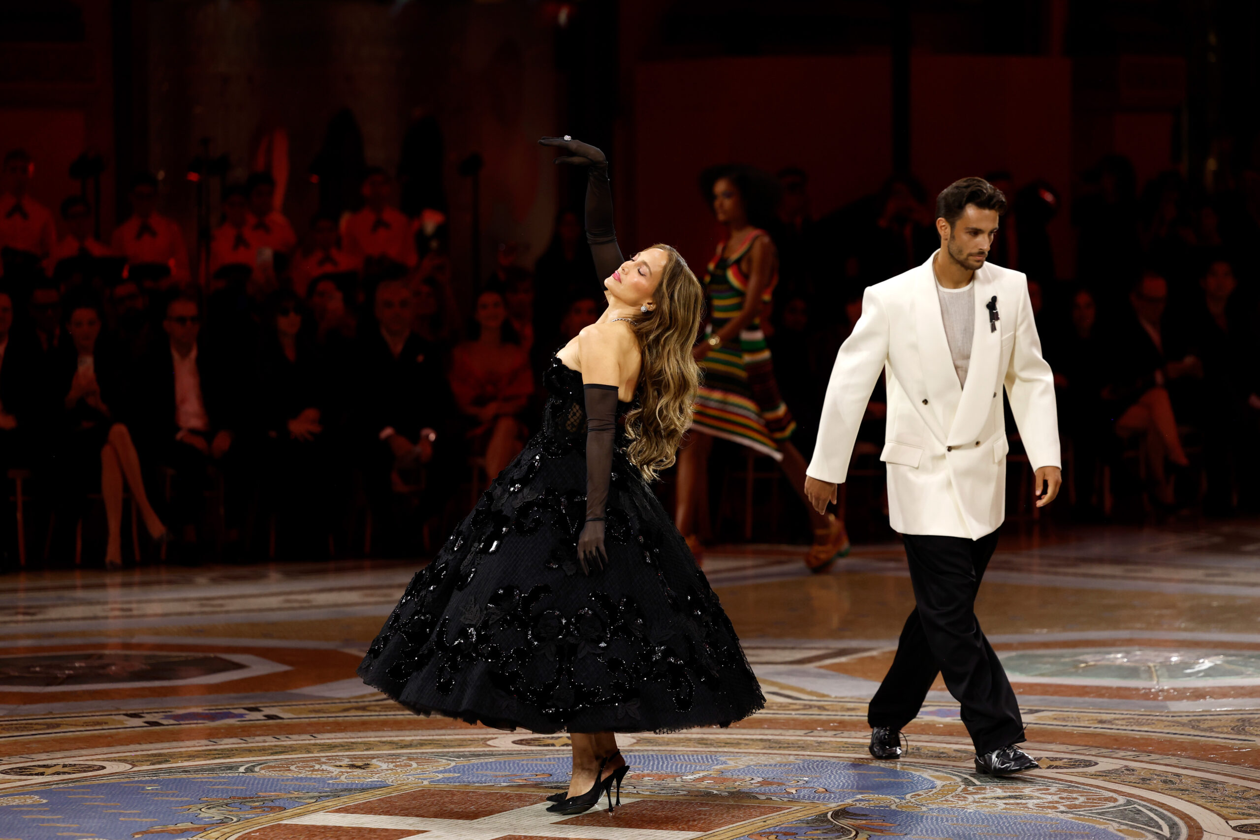 MILAN, ITALY - SEPTEMBER 22: Lorenzo Musetti and Jennifer Lopez walk the runway during Vogue World: Milano 2026 at Galleria Vittorio Emanuele II on September 22, 2026 in Milan, Italy. (Photo by Valentina S. Frugiuele/Getty Images for Vogue)