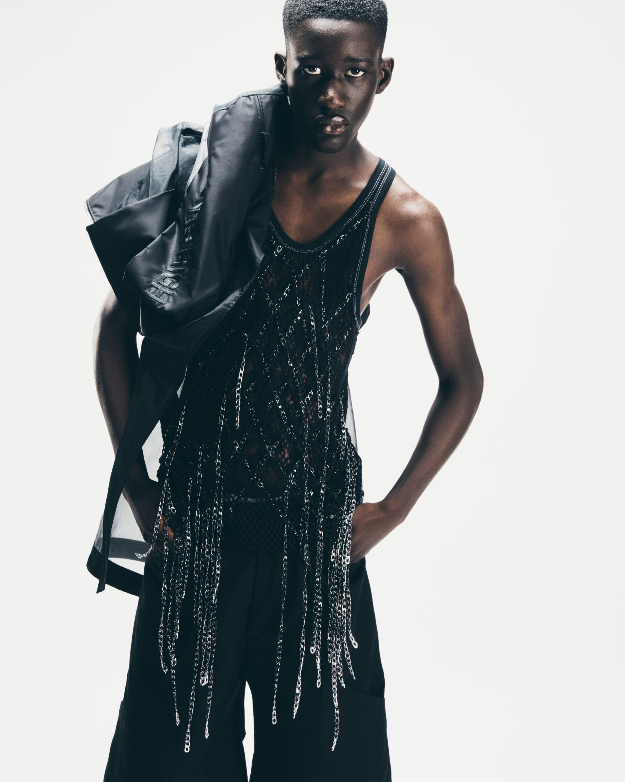 Designer: Aaron Dillworth.
Model: Abdou Aziz Sall.
Stylists: Ruby Reeves, Alexander Bergman.